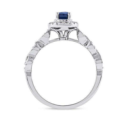 Oval Sapphire & 1/5 ct. tw. Diamond Halo Twist Engagement Ring in 14K White Gold close-up detail