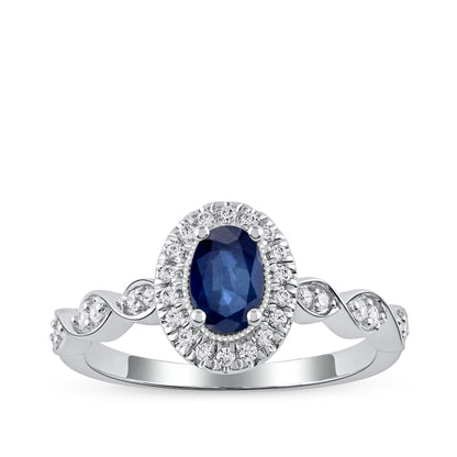 Oval Sapphire & 1/5 ct. tw. Diamond Halo Twist Engagement Ring in 14K White Gold