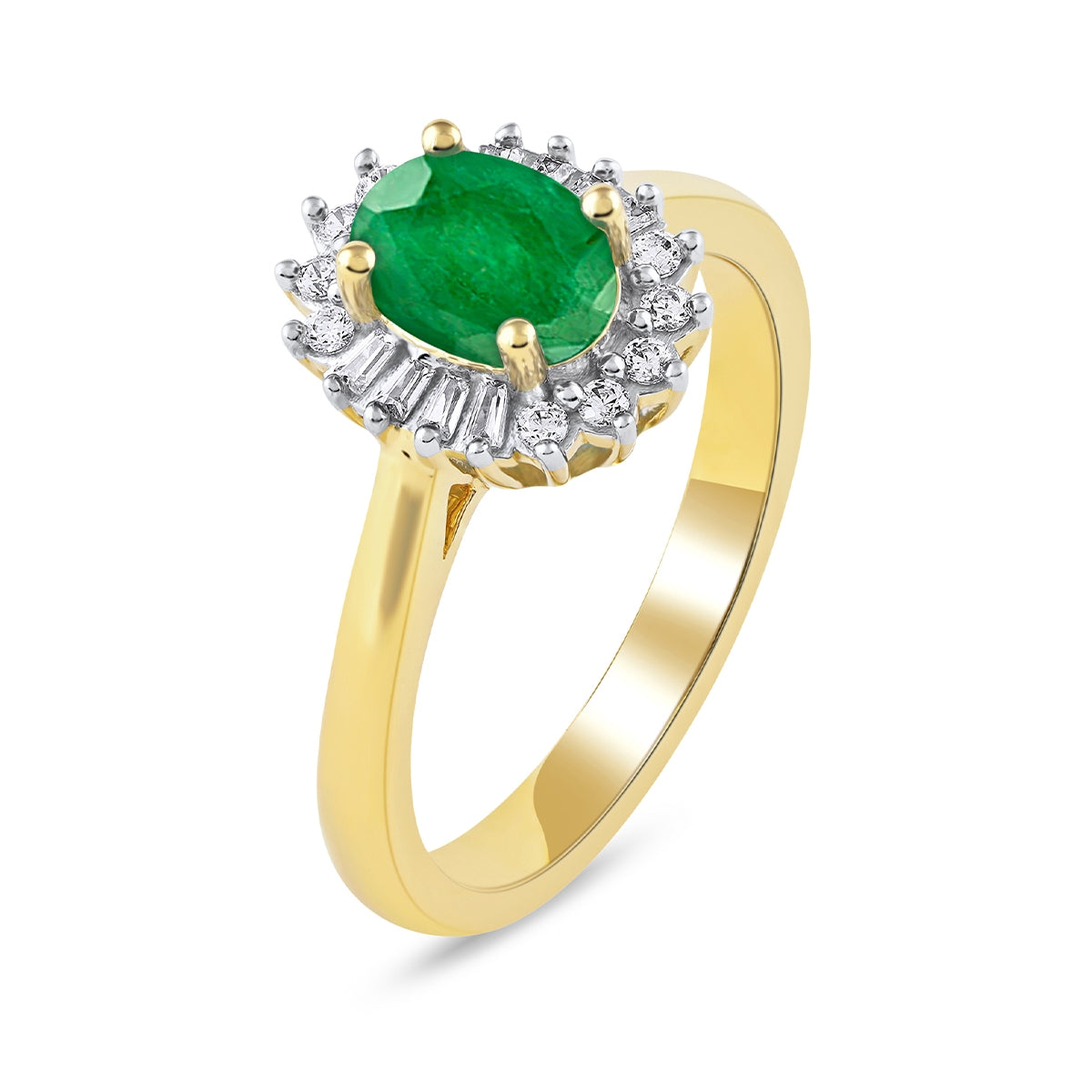 Oval Emerald & 1/5 ct. tw. Baguette & Round Diamond Halo Engagement Ring in 14K Yellow Gold front view