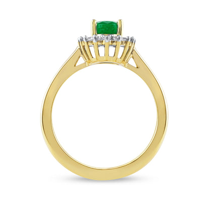 Oval Emerald & 1/5 ct. tw. Baguette & Round Diamond Halo Engagement Ring in 14K Yellow Gold close-up detail