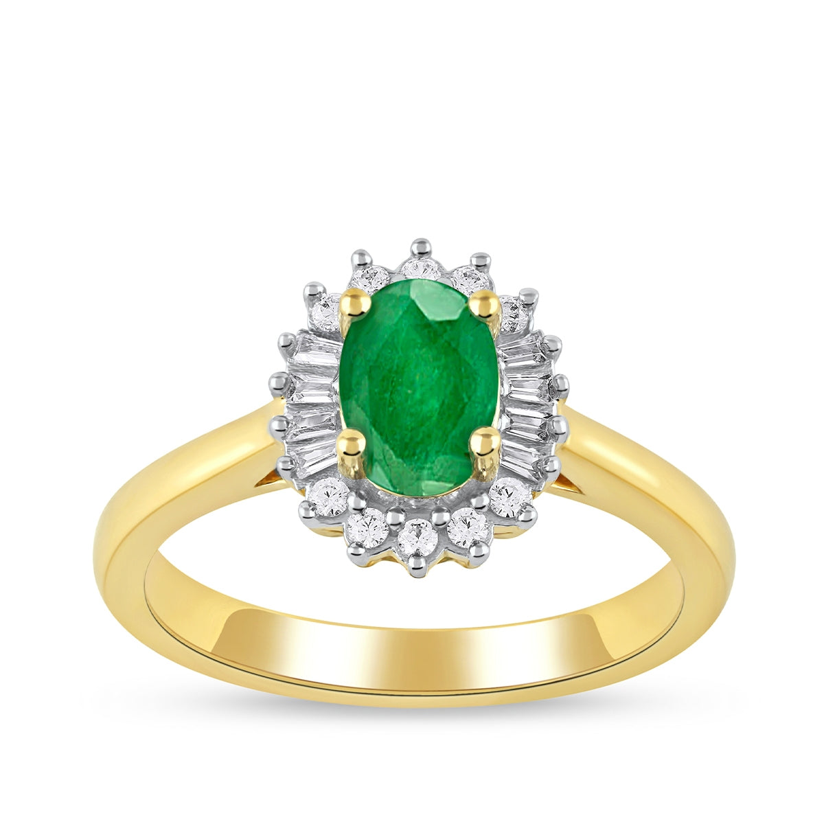 Oval Emerald & 1/5 ct. tw. Baguette & Round Diamond Halo Engagement Ring in 14K Yellow Gold