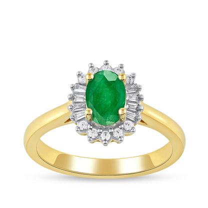 Oval Emerald & 1/5 ct. tw. Baguette & Round Diamond Halo Engagement Ring in 14K Yellow Gold