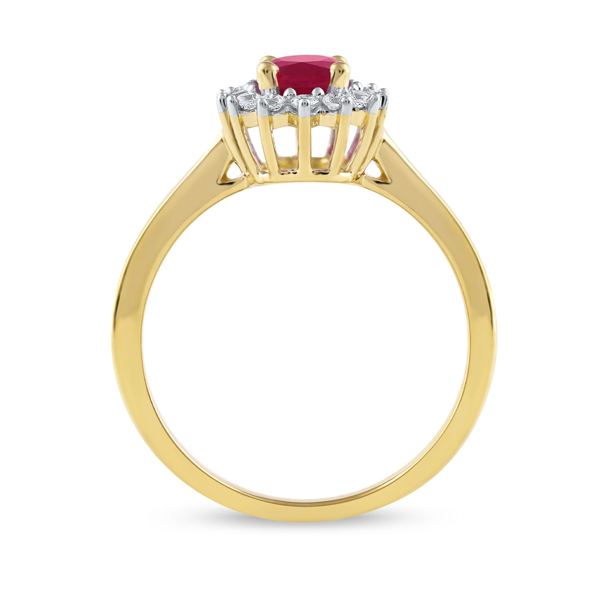 Oval Ruby & 1/5 ct. tw. Diamond Halo Engagement Ring in 14K Yellow Gold close-up detail