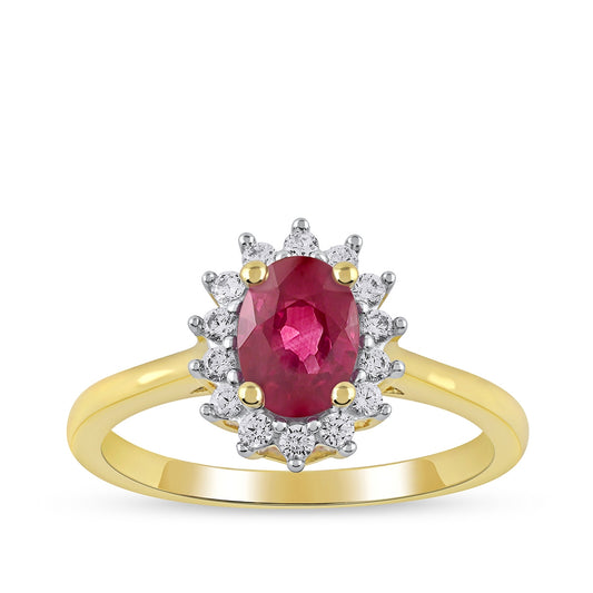 Oval Ruby & 1/5 ct. tw. Diamond Halo Engagement Ring in 14K Yellow Gold