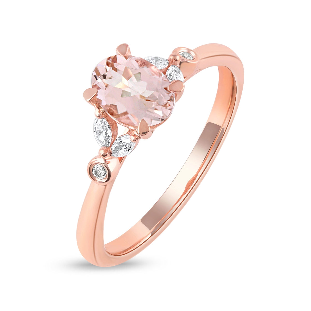 Oval Morganite & 1/6 ct. tw. Marquise & Round Diamond Engagement Ring in 14K Pink Gold front view