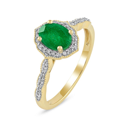 Oval Emerald & 1/6 ct. tw. Diamond Milgrain Halo Engagement Ring in 14K Yellow Gold front view