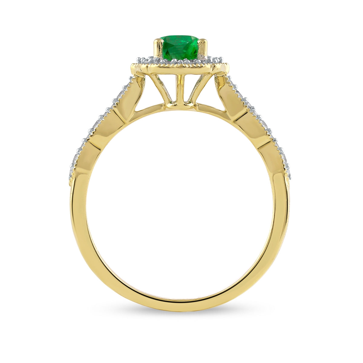 Oval Emerald & 1/6 ct. tw. Diamond Milgrain Halo Engagement Ring in 14K Yellow Gold close-up detail