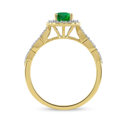 Oval Emerald & 1/6 ct. tw. Diamond Milgrain Halo Engagement Ring in 14K Yellow Gold close-up detail