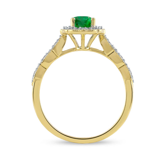 Oval Emerald & 1/6 ct. tw. Diamond Milgrain Halo Engagement Ring in 14K Yellow Gold close-up detail