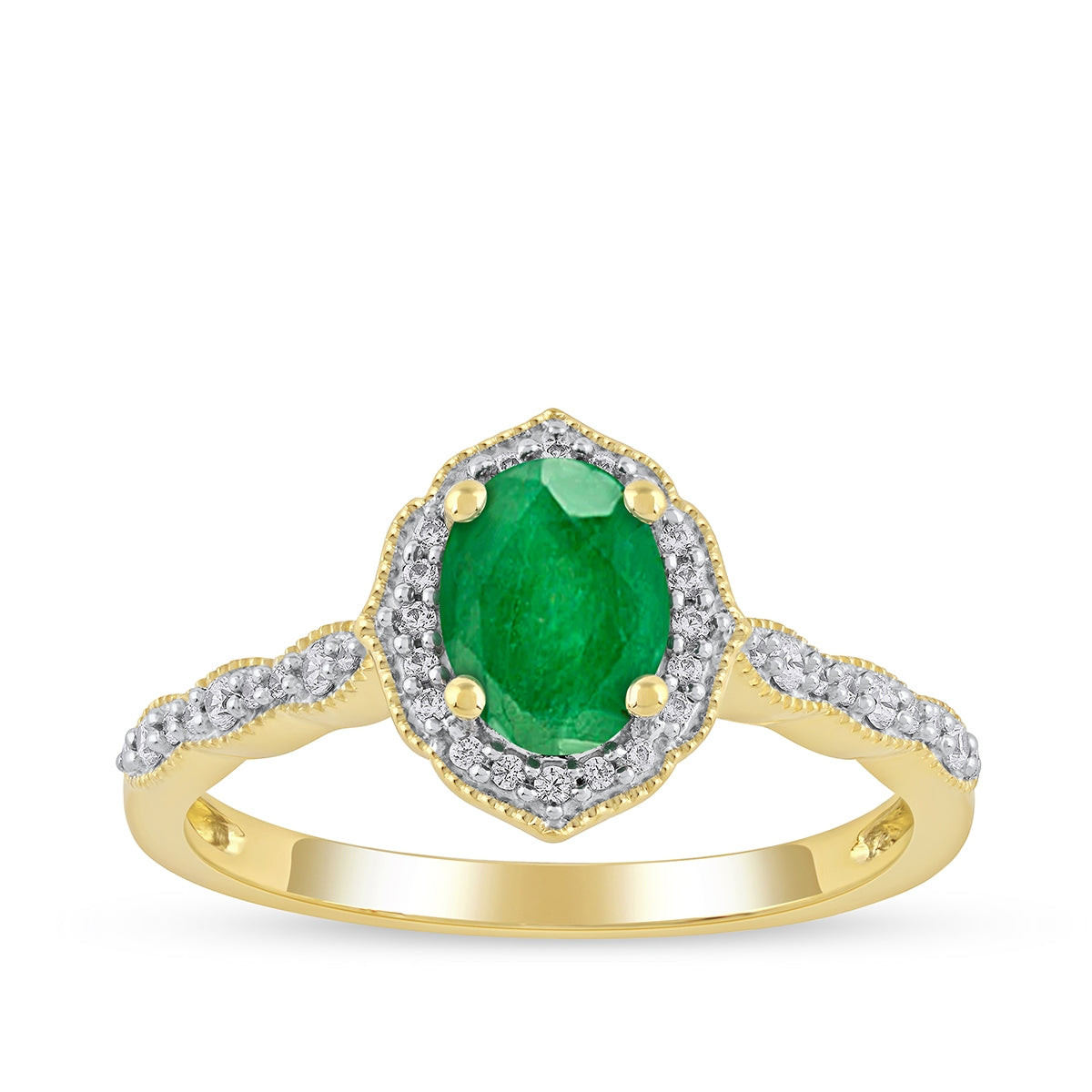 Oval Emerald & 1/6 ct. tw. Diamond Milgrain Halo Engagement Ring in 14K Yellow Gold