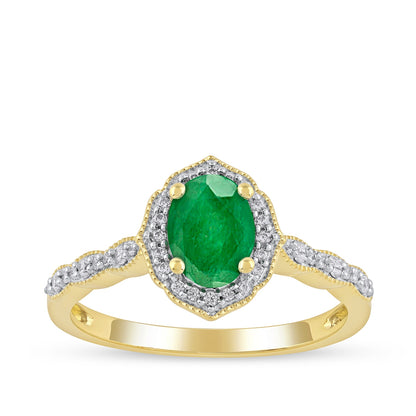 Oval Emerald & 1/6 ct. tw. Diamond Milgrain Halo Engagement Ring in 14K Yellow Gold
