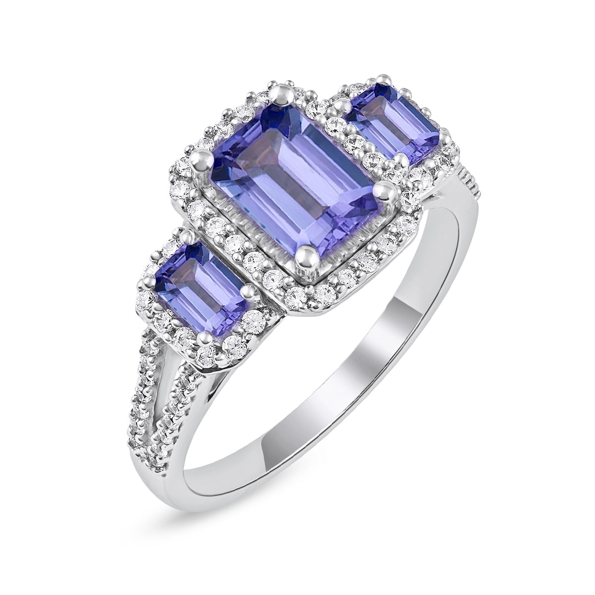 Emerald Cut Tanzanite & 1/3 ct. tw. Diamond 3-Stone Halo Engagement Ring in 14K White Gold front view