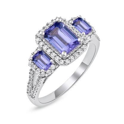 Emerald Cut Tanzanite & 1/3 ct. tw. Diamond 3-Stone Halo Engagement Ring in 14K White Gold front view