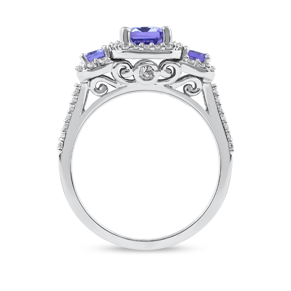 Emerald Cut Tanzanite & 1/3 ct. tw. Diamond 3-Stone Halo Engagement Ring in 14K White Gold close-up detail