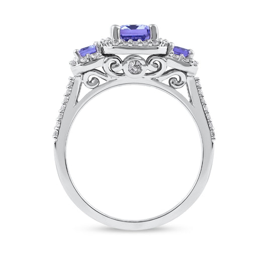 Emerald Cut Tanzanite & 1/3 ct. tw. Diamond 3-Stone Halo Engagement Ring in 14K White Gold close-up detail