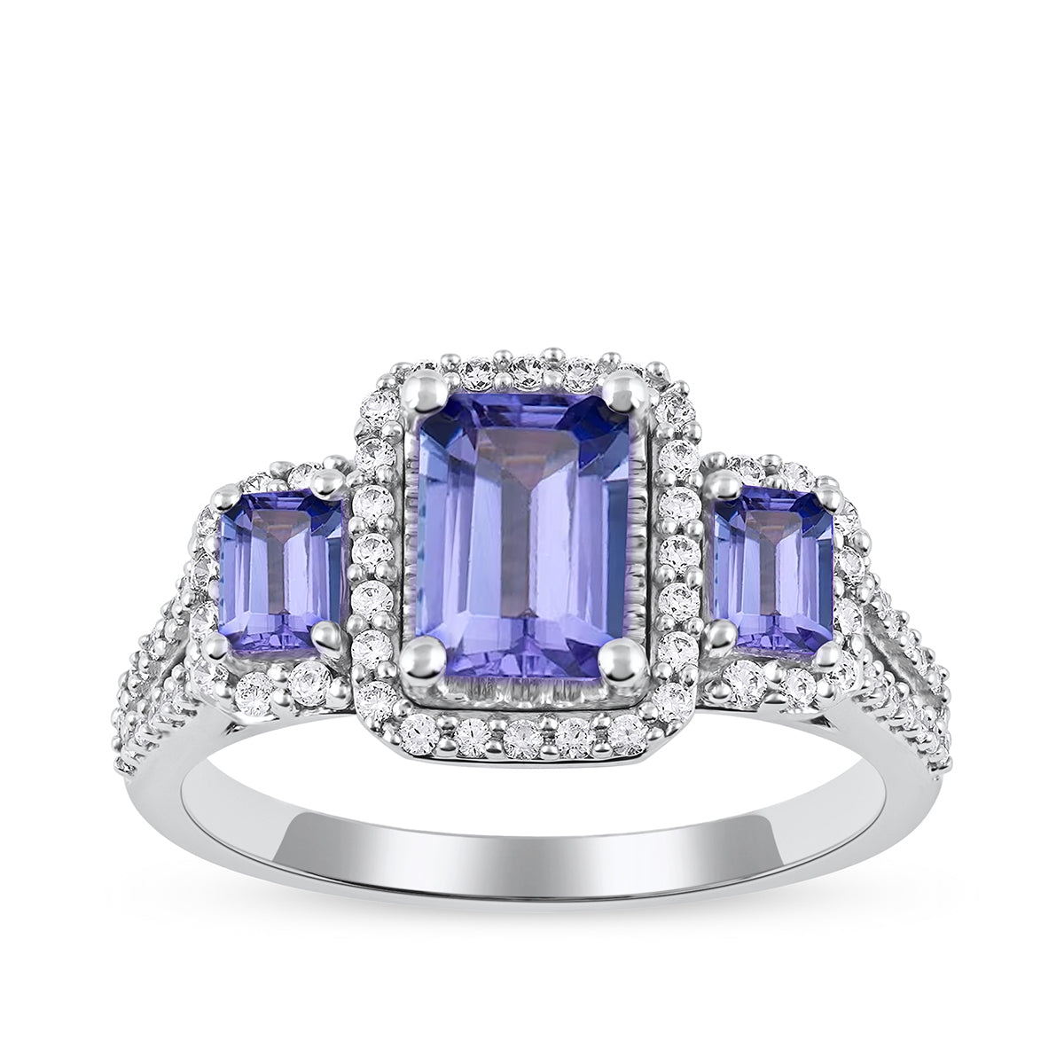 Emerald Cut Tanzanite & 1/3 ct. tw. Diamond 3-Stone Halo Engagement Ring in 14K White Gold