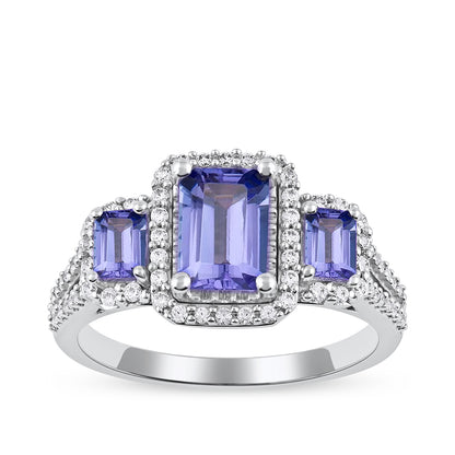 Emerald Cut Tanzanite & 1/3 ct. tw. Diamond 3-Stone Halo Engagement Ring in 14K White Gold
