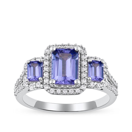 Emerald Cut Tanzanite & 1/3 ct. tw. Diamond 3-Stone Halo Engagement Ring in 14K White Gold