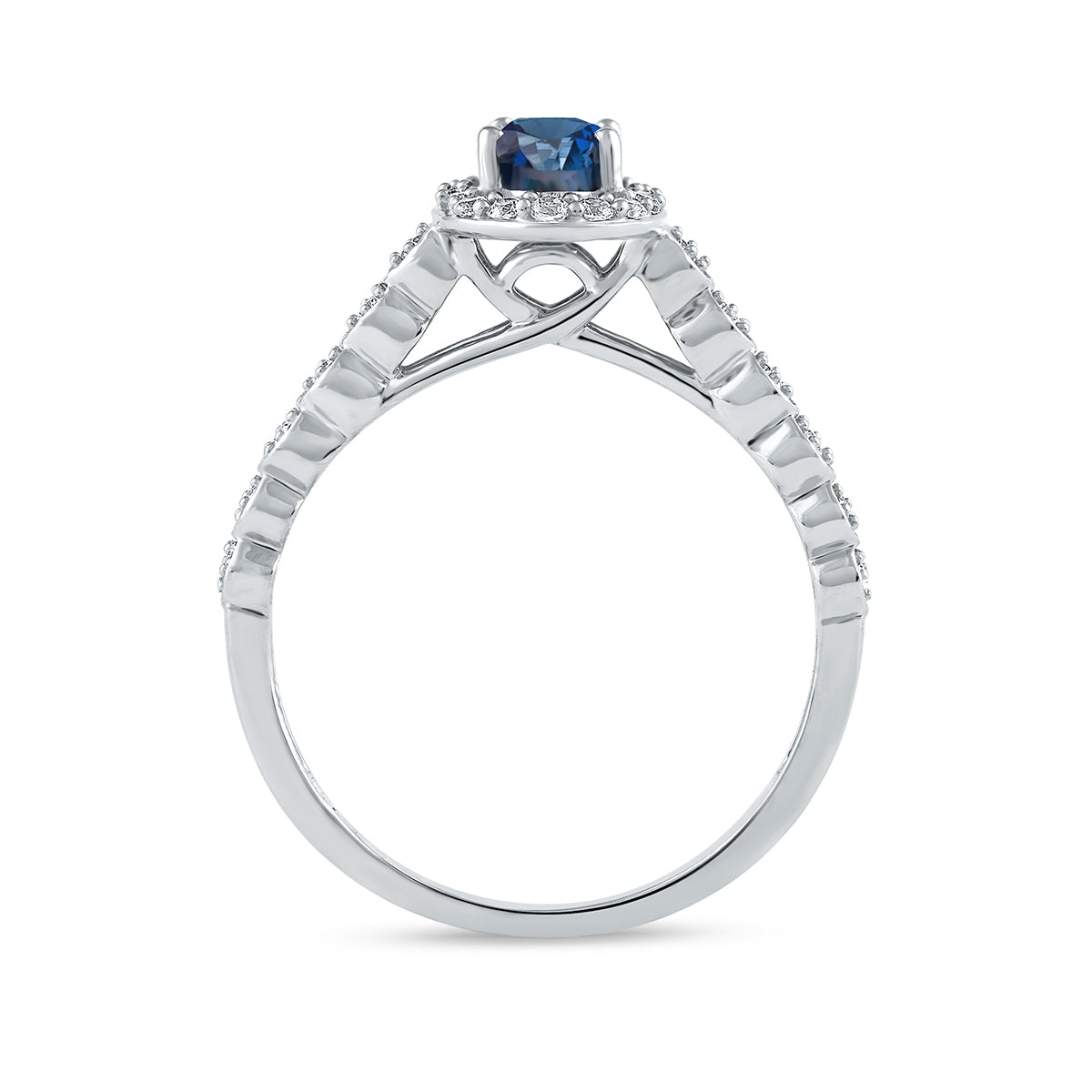Oval Sapphire & 1/5 ct. tw. Diamond Halo Engagement Ring in 14K White Gold close-up detail