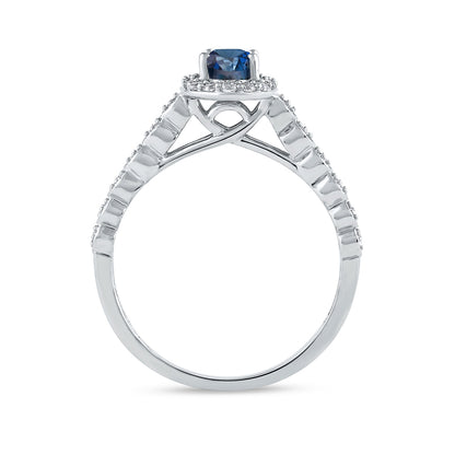 Oval Sapphire & 1/5 ct. tw. Diamond Halo Engagement Ring in 14K White Gold close-up detail