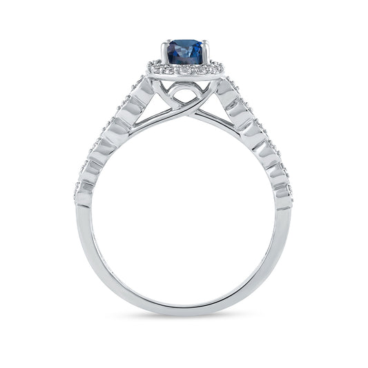 Oval Sapphire & 1/5 ct. tw. Diamond Halo Engagement Ring in 14K White Gold close-up detail