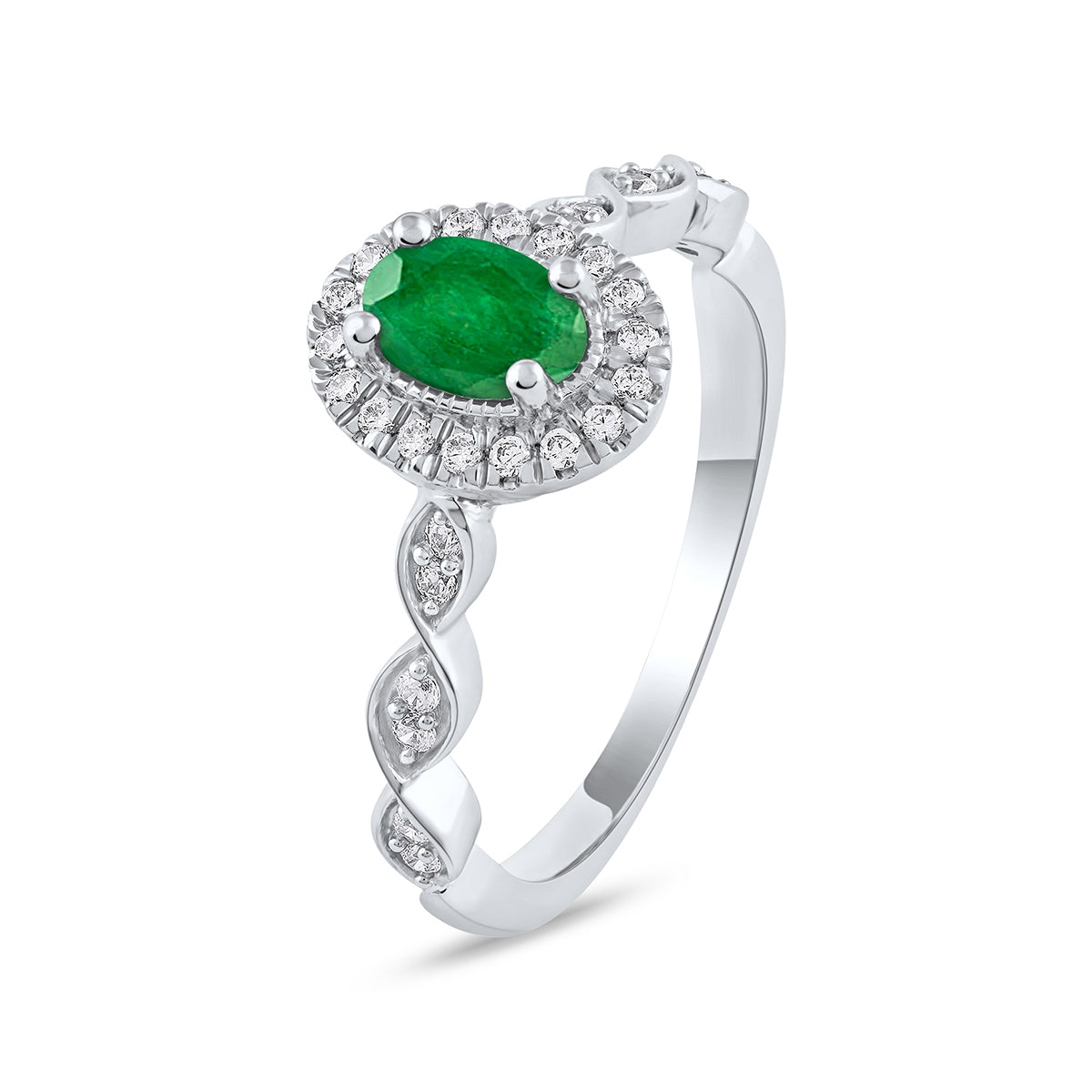 Oval Emerald & 1/5 ct. tw. Diamond Halo Twist Engagement Ring in 14K White Gold front view