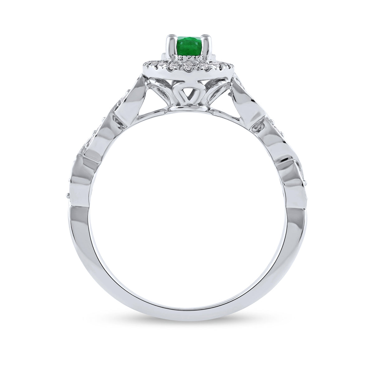 Oval Emerald & 1/5 ct. tw. Diamond Halo Twist Engagement Ring in 14K White Gold close-up detail