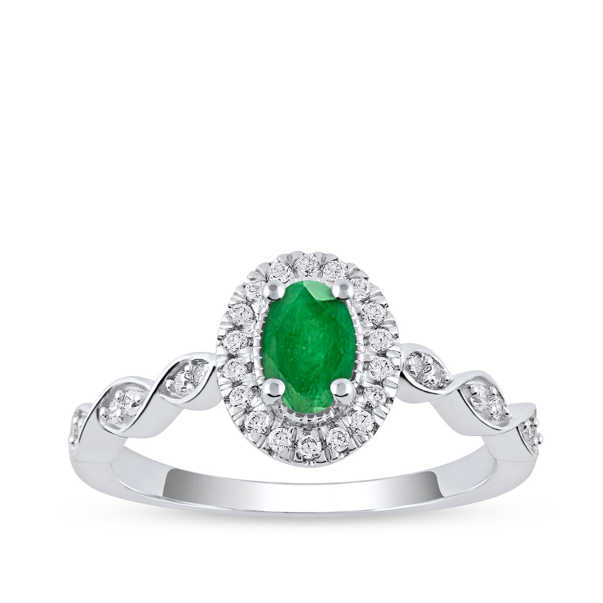 Oval Emerald & 1/5 ct. tw. Diamond Halo Twist Engagement Ring in 14K White Gold