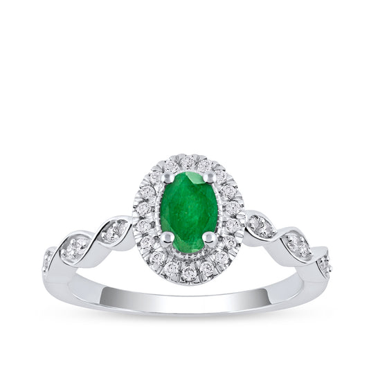 Oval Emerald & 1/5 ct. tw. Diamond Halo Twist Engagement Ring in 14K White Gold