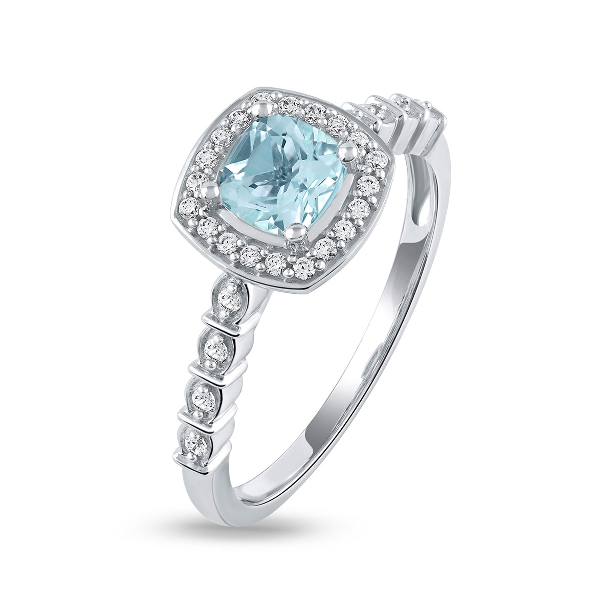 Cushion Aquamarine & 1/6 ct. tw. Diamond Halo Engagement Ring in 14K White Gold front view