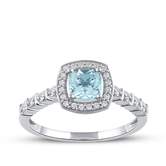 Cushion Aquamarine & 1/6 ct. tw. Diamond Halo Engagement Ring in 14K White Gold