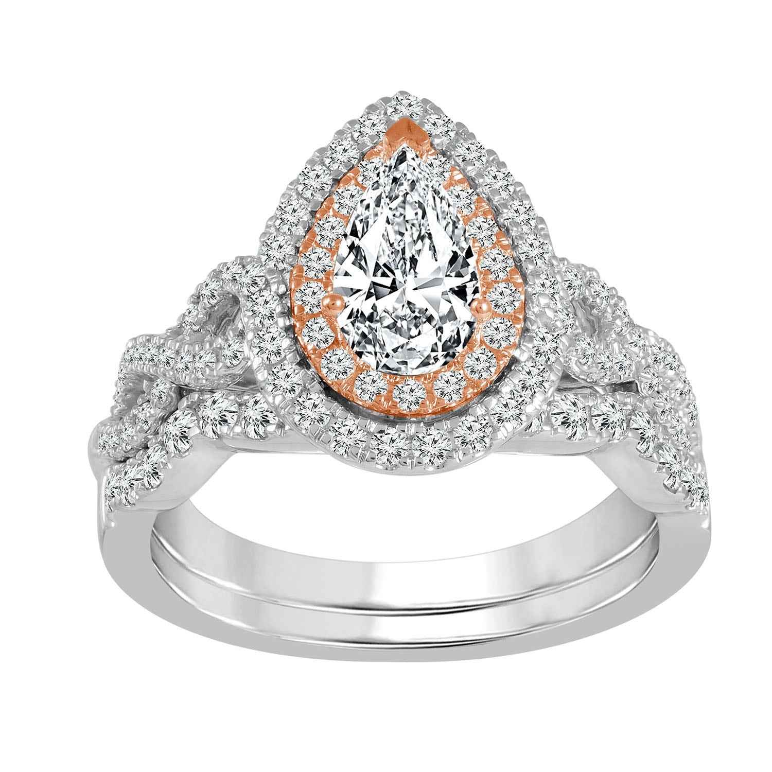 Amaura Collection 1-3/8 ct. tw Pear Shaped Double Halo Wedding Set with Infinity Inspired Twist Band in 14K White & Pink Gold