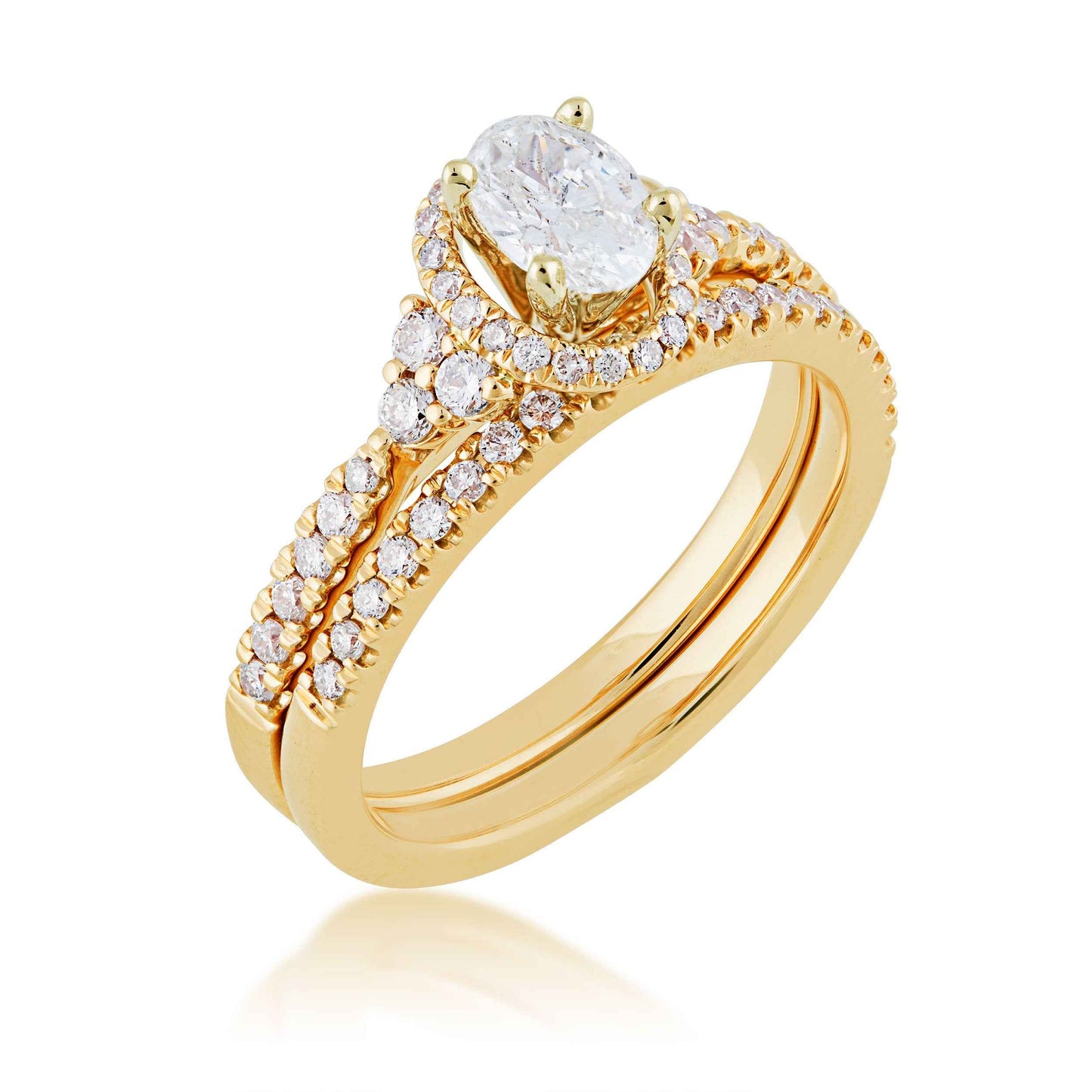 Noventa 1 ct. tw. Oval Diamond Hidden Halo Wedding Set with Side Diamond Cluster Accent in 14K Yellow Gold front view
