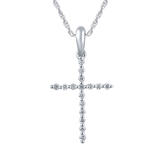1/10 ct. tw. Round Diamond and Bead Cross Pendant in 10K White Gold