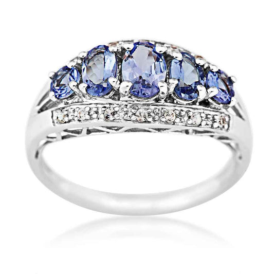 Genuine Oval Tanzanite Fashion Ring with Diamond Accent in Sterling Silver