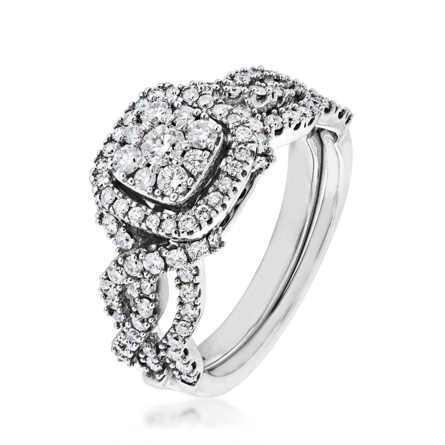Fairytale Diamonds 7/8 ct. tw Diamond Cluster Halo Wedding Set in 10K White Gold close-up detail