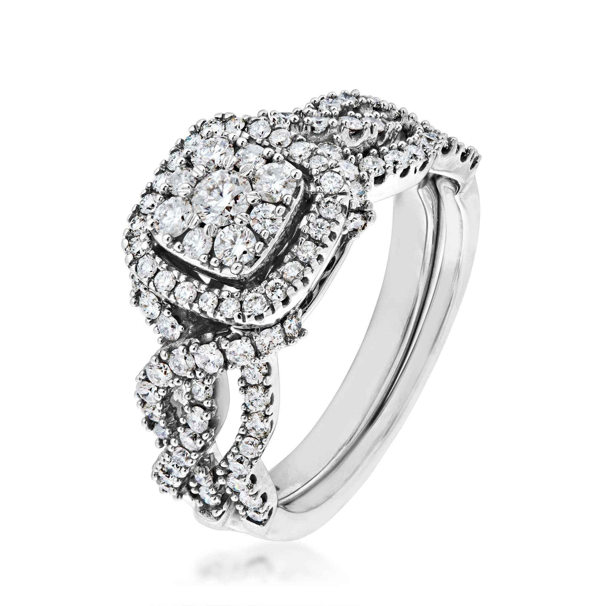 Fairytale Diamonds 7/8 ct. tw Diamond Cluster Halo Wedding Set in 10K White Gold close-up detail