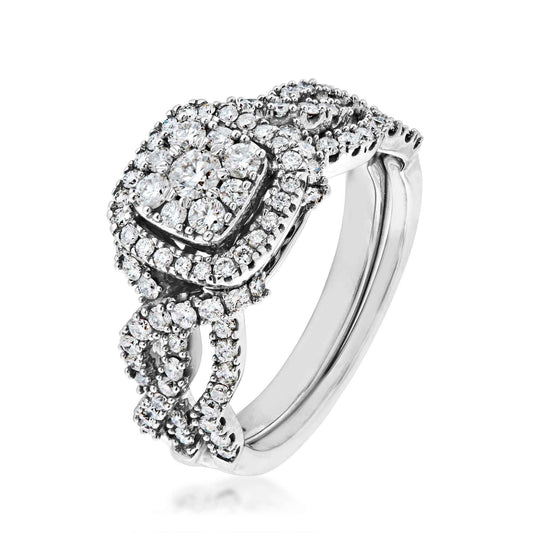 Fairytale Diamonds 7/8 ct. tw Diamond Cluster Halo Wedding Set in 10K White Gold close-up detail