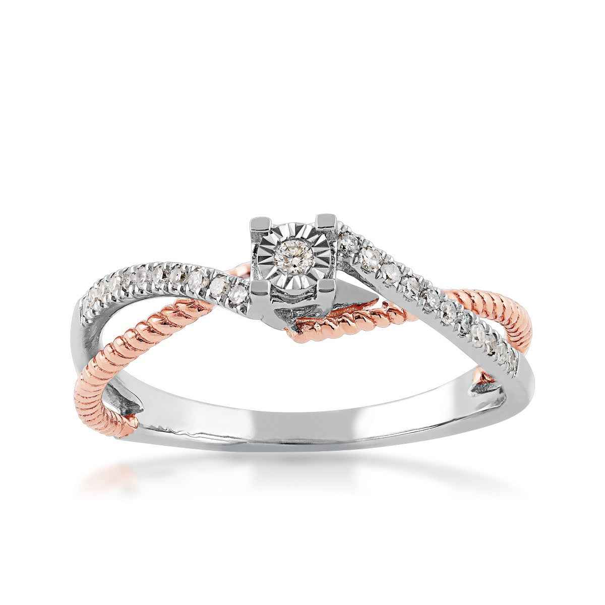 1/8 ct. tw. Diamond Promise Ring with Crossover Diamond and Rope Band in 10K White and Pink Gold