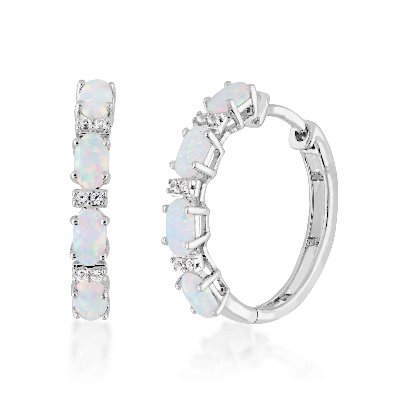 Created Oval Opal & White Sapphire Fashion Hoop Earrings in Sterling Silver