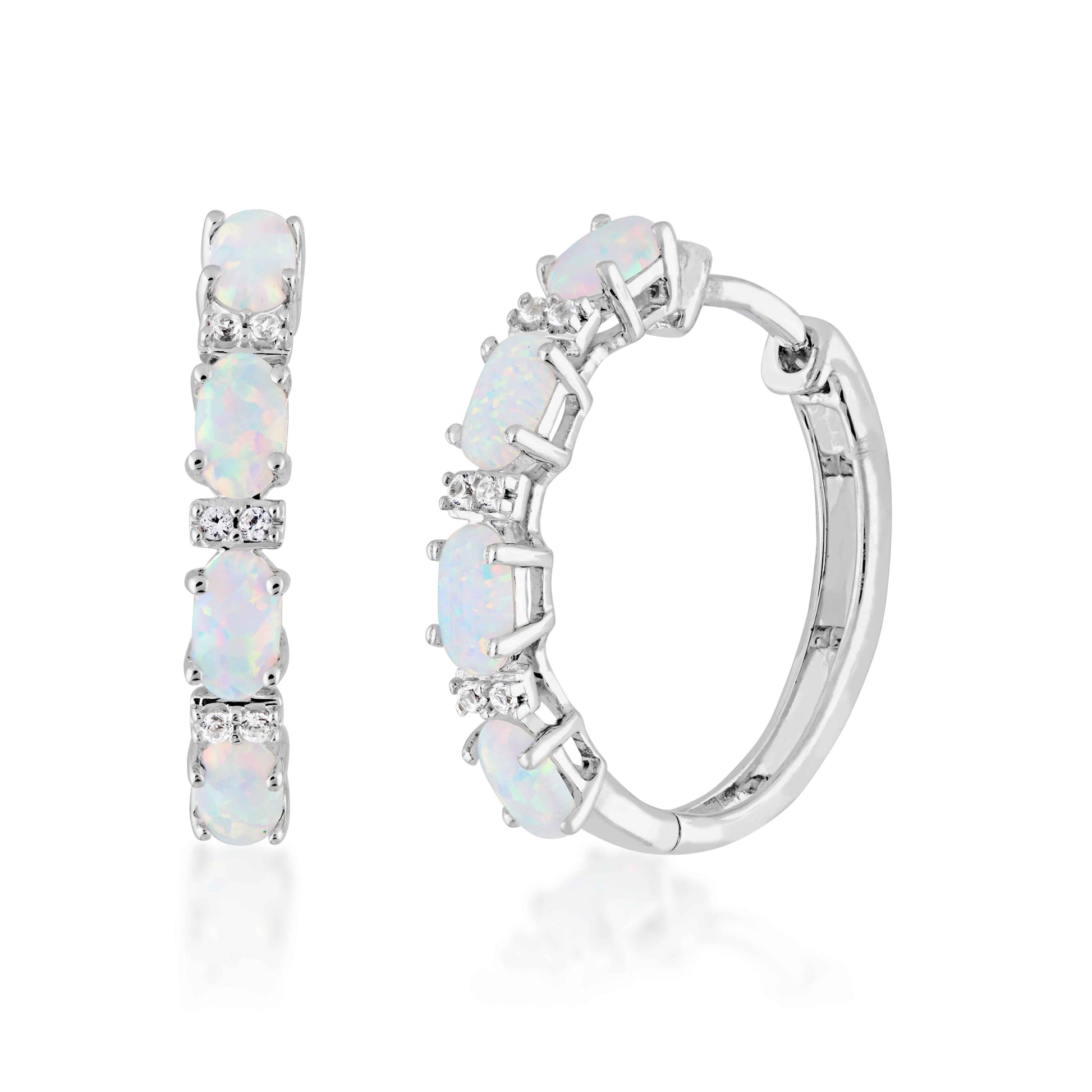 Created Oval Opal & White Sapphire Fashion Hoop Earrings in Sterling Silver