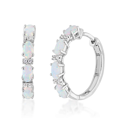 Created Oval Opal & White Sapphire Fashion Hoop Earrings in Sterling Silver