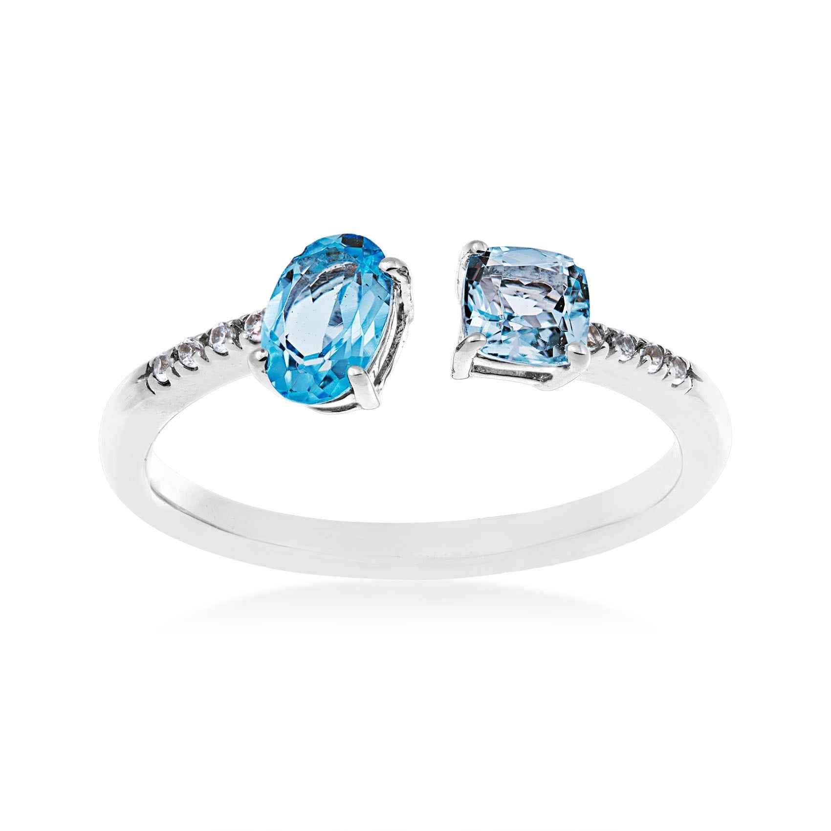Genuine Cushion Cut Blue Topaz & Oval Swiss Blue Topaz Open Ring with Created White Sapphire Accented Band in Sterling Silver