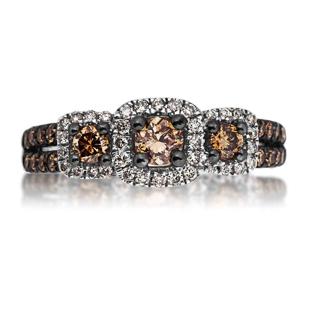 Mocha Collection 1 ct. tw. Round 3-Stone Mocha Diamond Anniversary Ring with White Diamond Halos & Black Rhodium front view