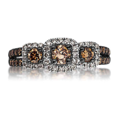 Mocha Collection 1 ct. tw. Round 3-Stone Mocha Diamond Anniversary Ring with White Diamond Halos & Black Rhodium front view