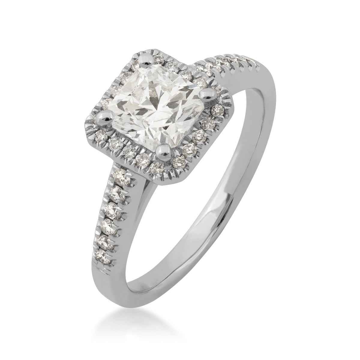Canadian Rocks 1-1/5 ct. tw. Ideal Square Diamond Halo Engagment Ring with Pave Diamond Band in 14K White Gold front view