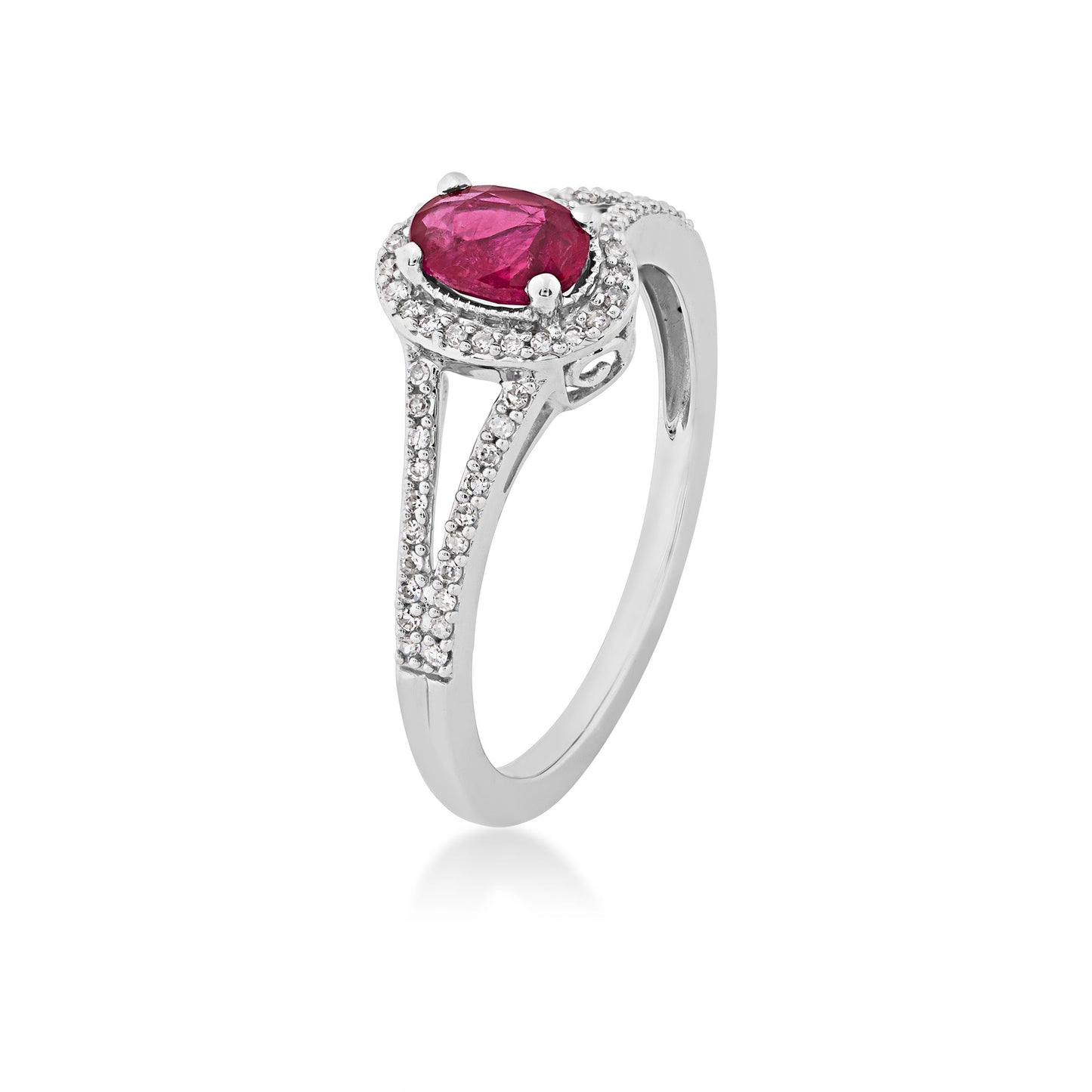 Genuine Oval Ruby Ring with 1/6 ct. tw. Diamond Halo & Split-Shank Band with Milgrain Edging in 10K White Gold front view