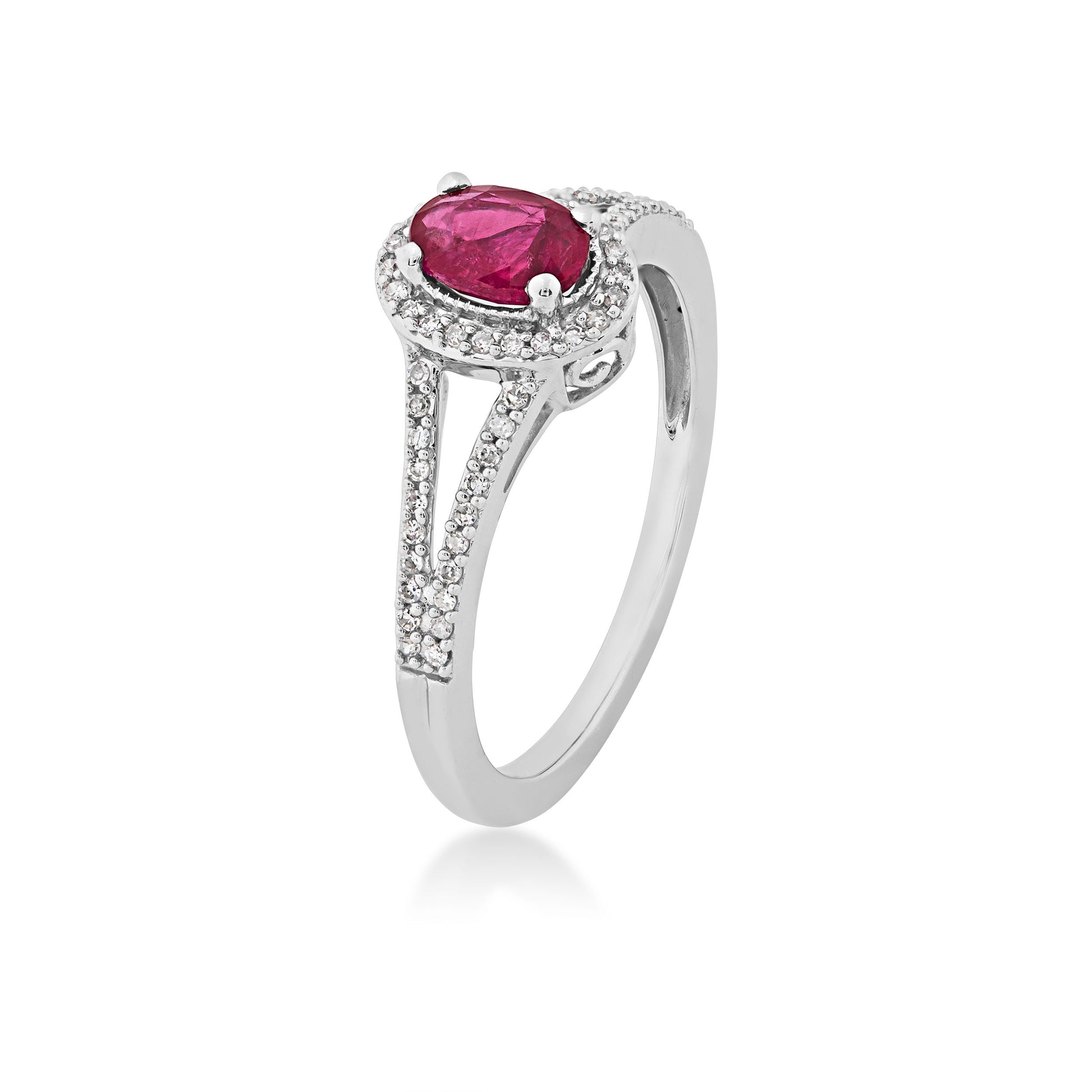 Genuine Oval Ruby Ring with 1/6 ct. tw. Diamond Halo & Split-Shank Band with Milgrain Edging in 10K White Gold front view