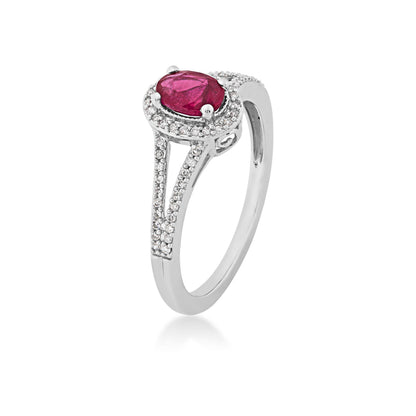 Genuine Oval Ruby Ring with 1/6 ct. tw. Diamond Halo & Split-Shank Band with Milgrain Edging in 10K White Gold front view