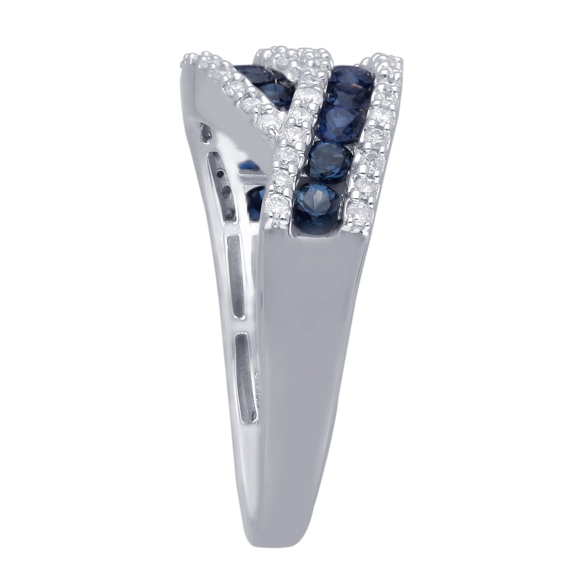 Kallati Channel Set Round Sapphire & 1/3 ct. tw. Diamond Bypass Ring in 14K White Gold close-up detail